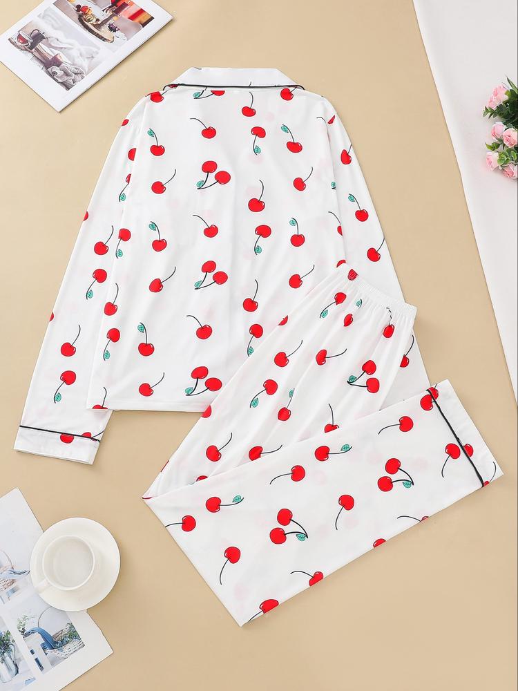 Women's Lemon Fruit Pattern Sleepwear Set, Casual Long Sleeve Button-Down Top & Elastic Pants, Comfortable Home Wear for Spring Fall