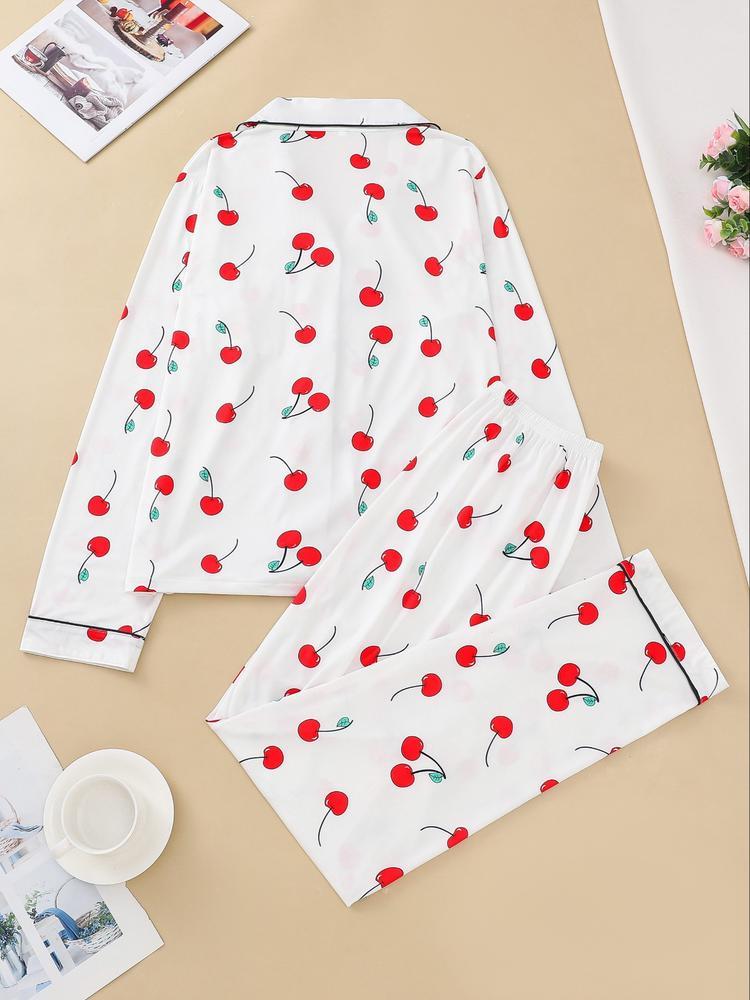 Women's Lemon Fruit Pattern Sleepwear Set, Casual Long Sleeve Button-Down Top & Elastic Pants, Comfortable Home Wear for Spring Fall