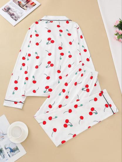 Women's Lemon Fruit Pattern Sleepwear Set, Casual Long Sleeve Button-Down Top & Elastic Pants, Comfortable Home Wear for Spring Fall