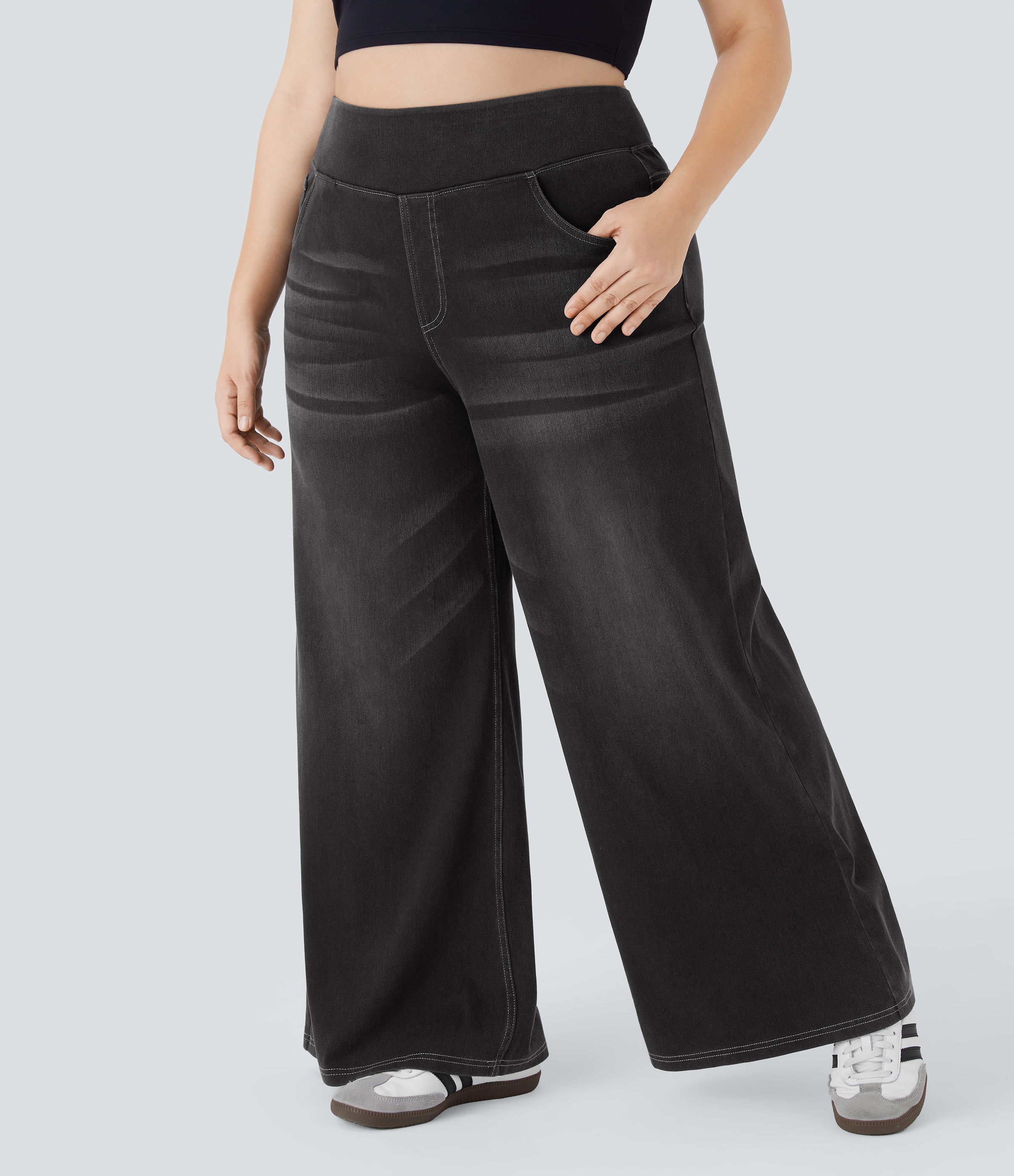 FlexHigh Waisted Pockets Baggy Wide Leg Washed Casual Plus Size Jeans