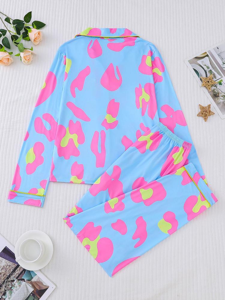 Women's Leopard Print Pajama Set, Casual Fitted Long Sleeve Top & Elastic Pants, Soft Comfortable Sleepwear for Fall Winter