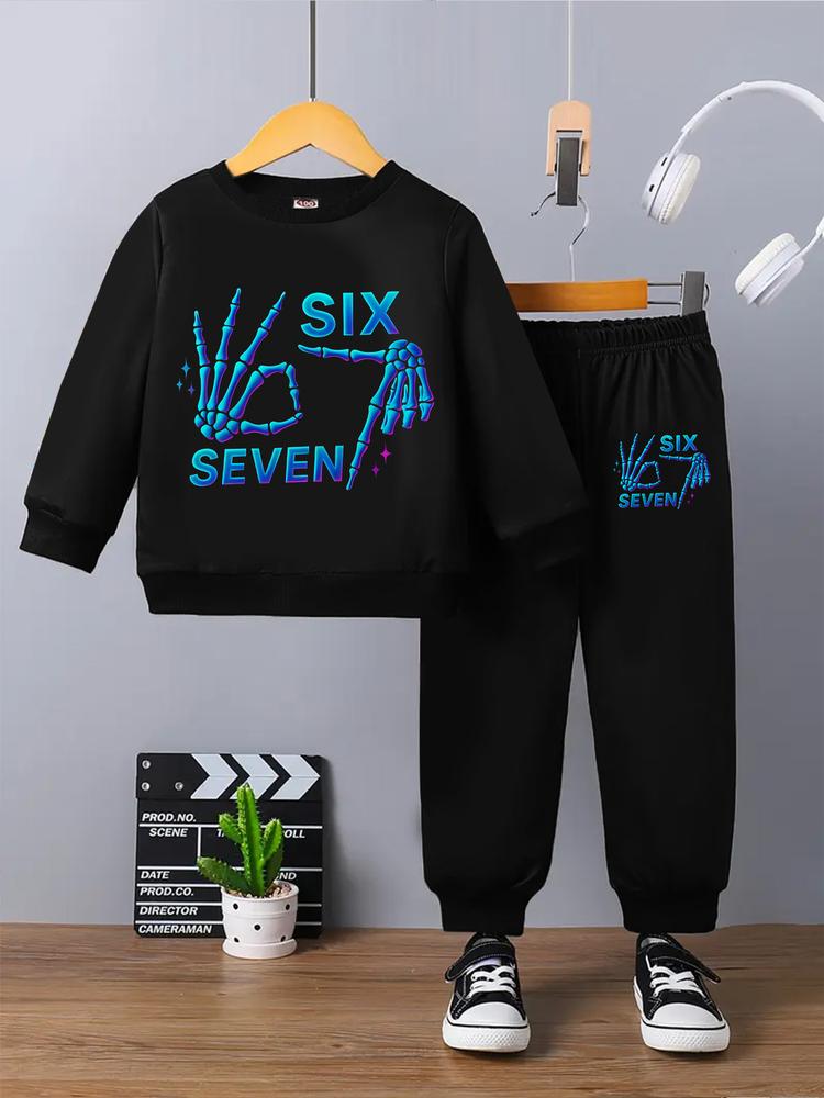 Boys' Spring & Fall Casual Sweatshirt Set, Creative Six Seven67 Christmas Series, Gesture Number 67 Print, Long Pants, Fitted, Gift