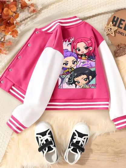 Girls' Halloween Christmas Short Baseball Jacket Coat, Kpop Hunter Design, Elastic Fabric, Fitted Style, Fall Winter Outdoor Indoor Sports Wear