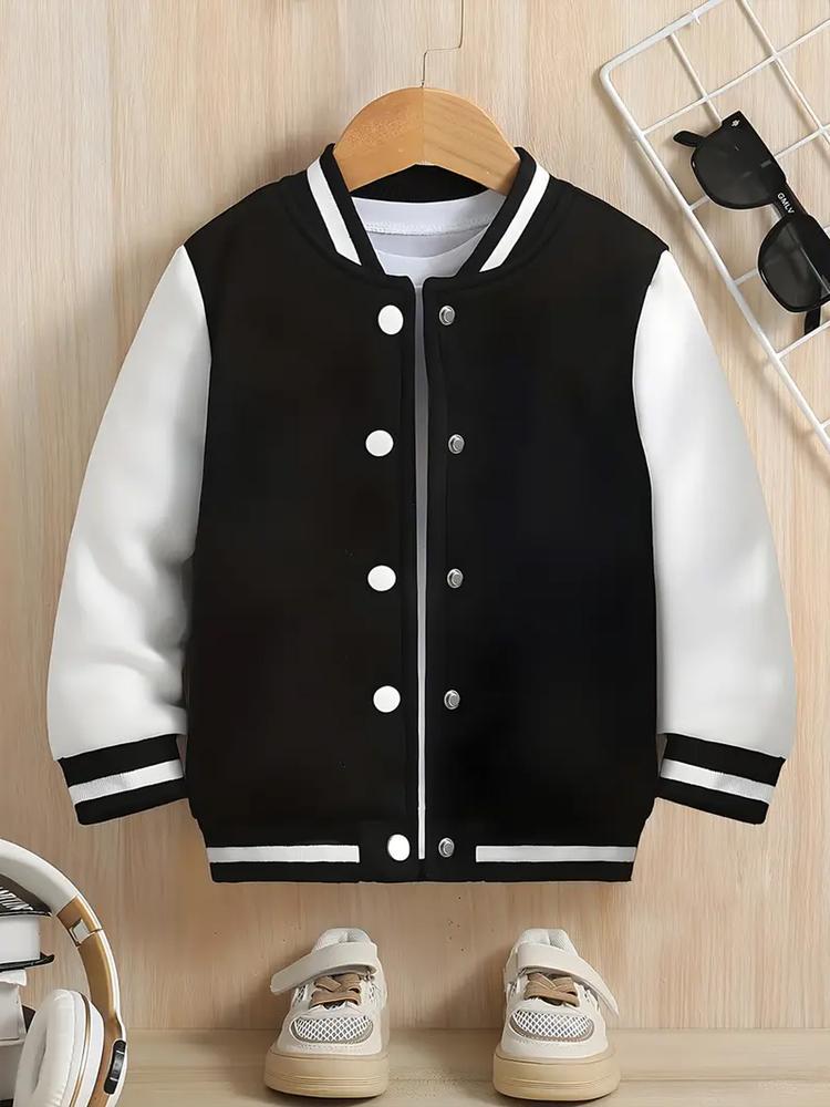 Boys' Spring & Fall Cartoon Bear Print Jacket, Comfortable Casual Sports Outerwear, Fitted Style, Moderate Fabric Thickness