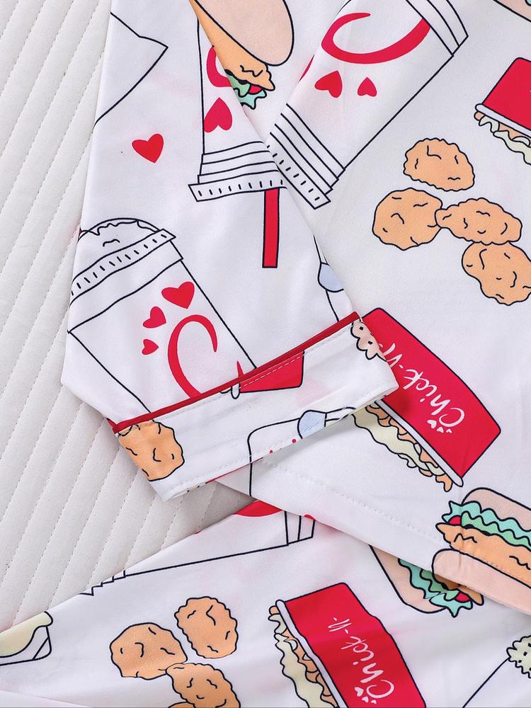 Women's 2-Piece Loungewear Pajama Set, Burger Print, Holiday Party Sleepwear, Soft Shirt Collar Top & Elastic Pants, Casual Home Wear