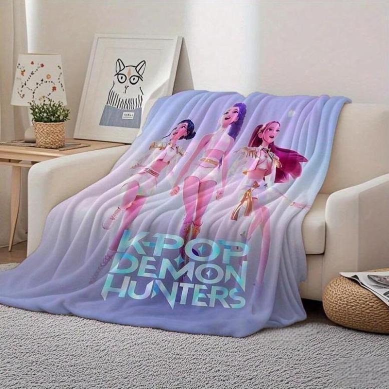 K-POP DEMON HUNTERS Stylized Trio Flannel Blanket - All-Season Comfort Multi-Purpose Printed Throw, Suitable For Sofa, Bed,K-POP Demon Hunters Merch,Zoey,Mira,Rumi,Huntrix,Sajaboys,Gift For Kids, Gift For Men & Women, K-POP Demon Hunters Merch