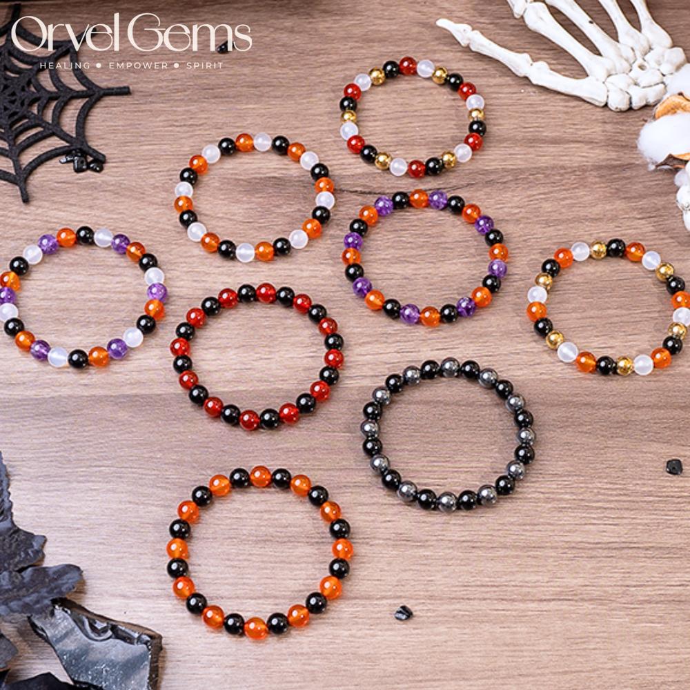 Halloween Protection Crystal Beaded Bracelet – Natural Stone Amethyst Black Onyx Hematite Tigers Eye Agate 8mm beads – Spiritual Grounding, Negative Energy Cleansing, Gift for Women, Men, Friends, Family, Halloween Party, Witchy Jewelry, Protection Amulet