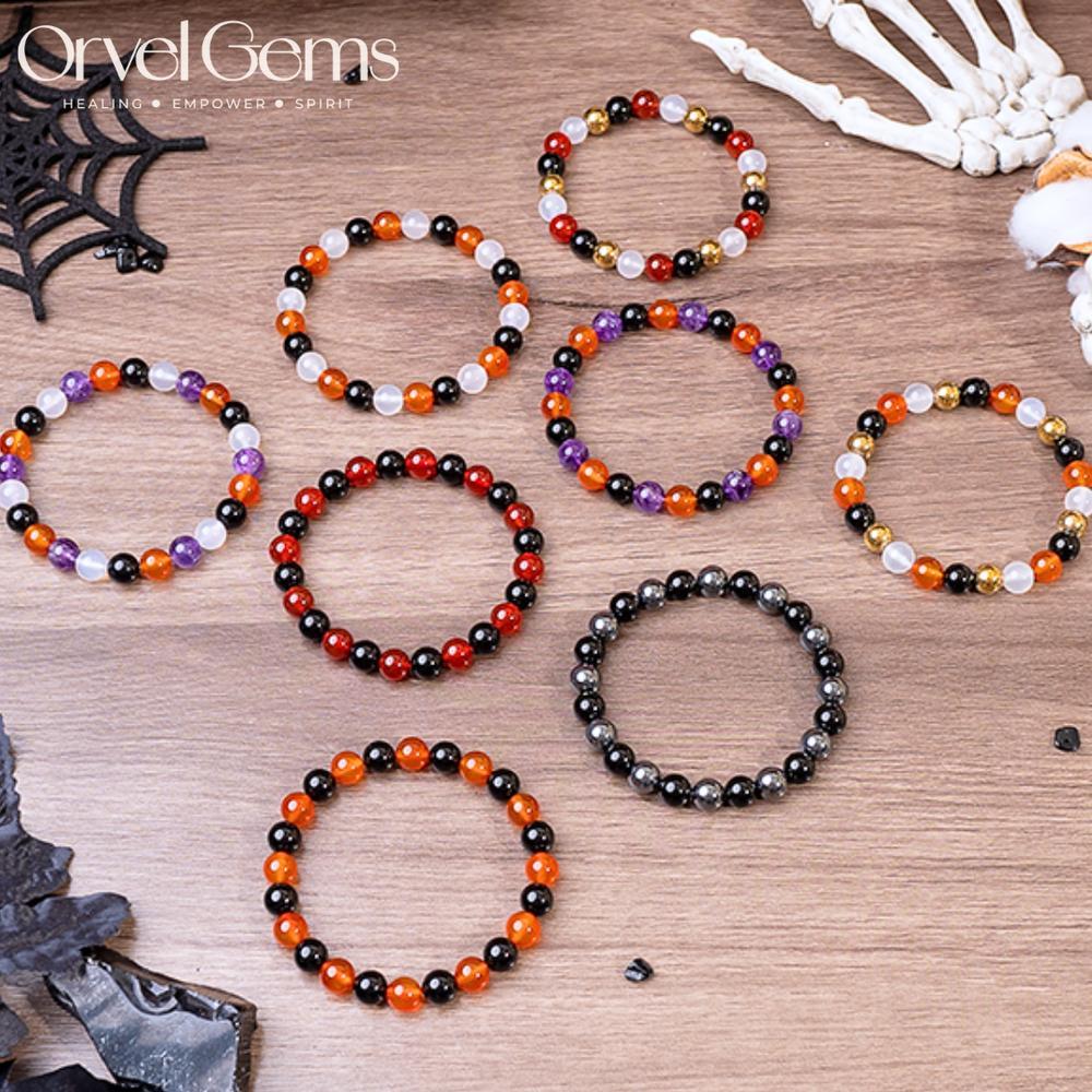 Halloween Protection Crystal Beaded Bracelet – Natural Stone Amethyst Black Onyx Hematite Tigers Eye Agate 8mm beads – Spiritual Grounding, Negative Energy Cleansing, Gift for Women, Men, Friends, Family, Halloween Party, Witchy Jewelry, Protection Amulet
