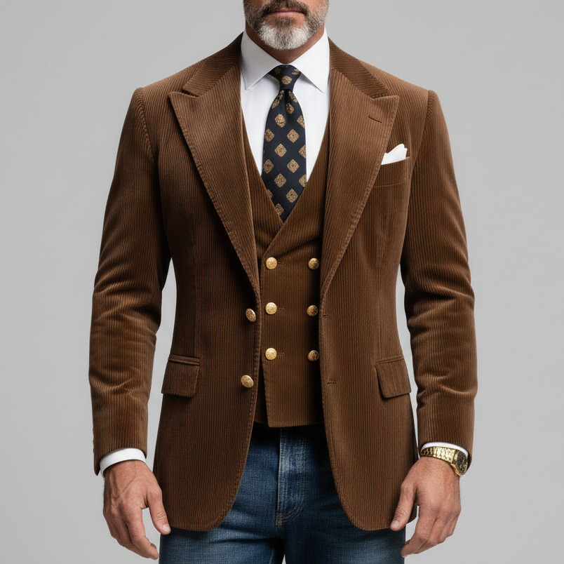 Men's Brown Peaked Lapel Long Sleeve Single Breasted Chest Pocket Cord