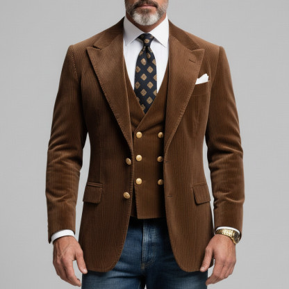 Men's Brown Peaked Lapel Long Sleeve Single Breasted Chest Pocket Corduroy Blazer