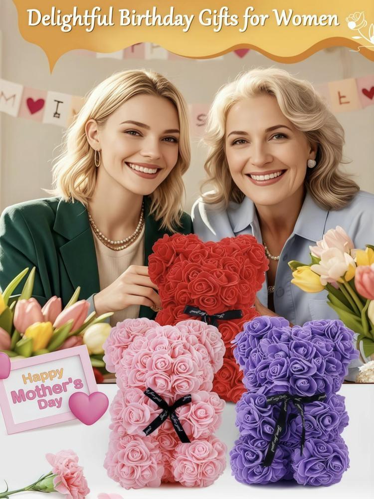 Rose Bear Gift Box, Including Bear Pendant Necklace & Artificial Rose Flower & Greeting Card & Gift Bag, Fashion Gift for Women & Girls