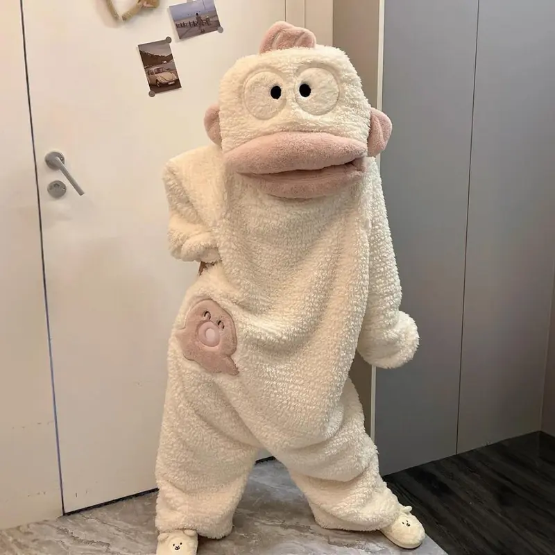 White Ugly Fish Pajamas One-Piece Coral Fleece Thickened Warm Cartoon Big Mouth Fish Homewear for Autumn and Winter