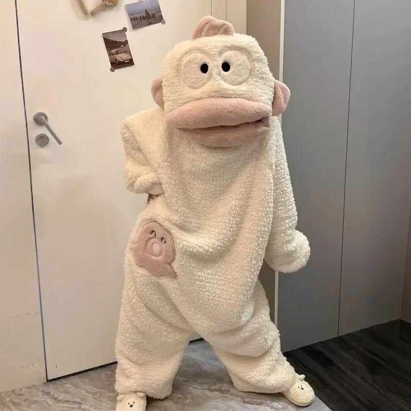 White Ugly Fish Pajamas One-Piece Coral Fleece Thickened Warm Cartoon Big Mouth Fish Homewear for Autumn and Winter