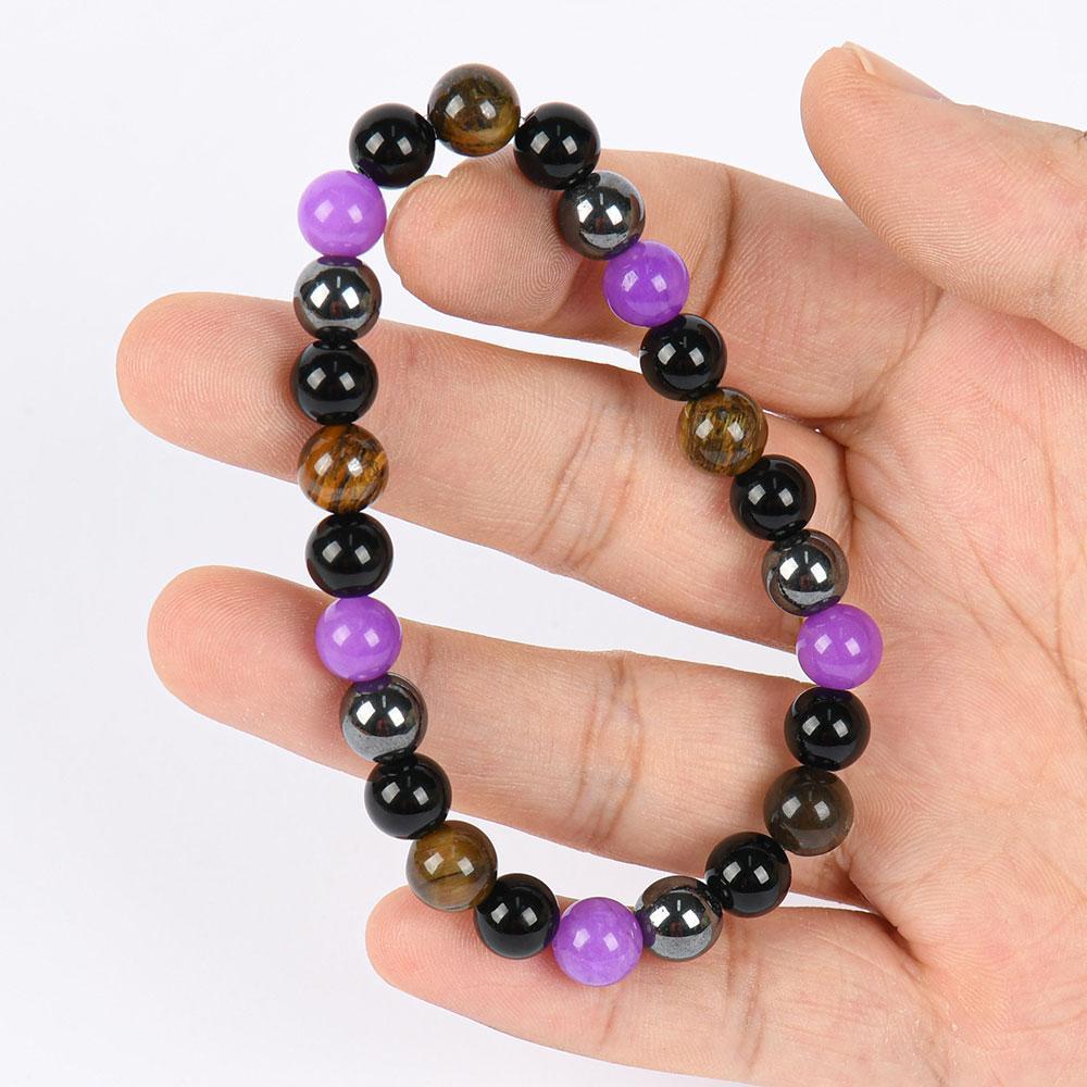 1pc Natural Tiger Eye & Amethyst Beaded Bracelet, Elastic Protection Crystal Bracelet For Men And Women, Unscented Solid Jewelry Gift