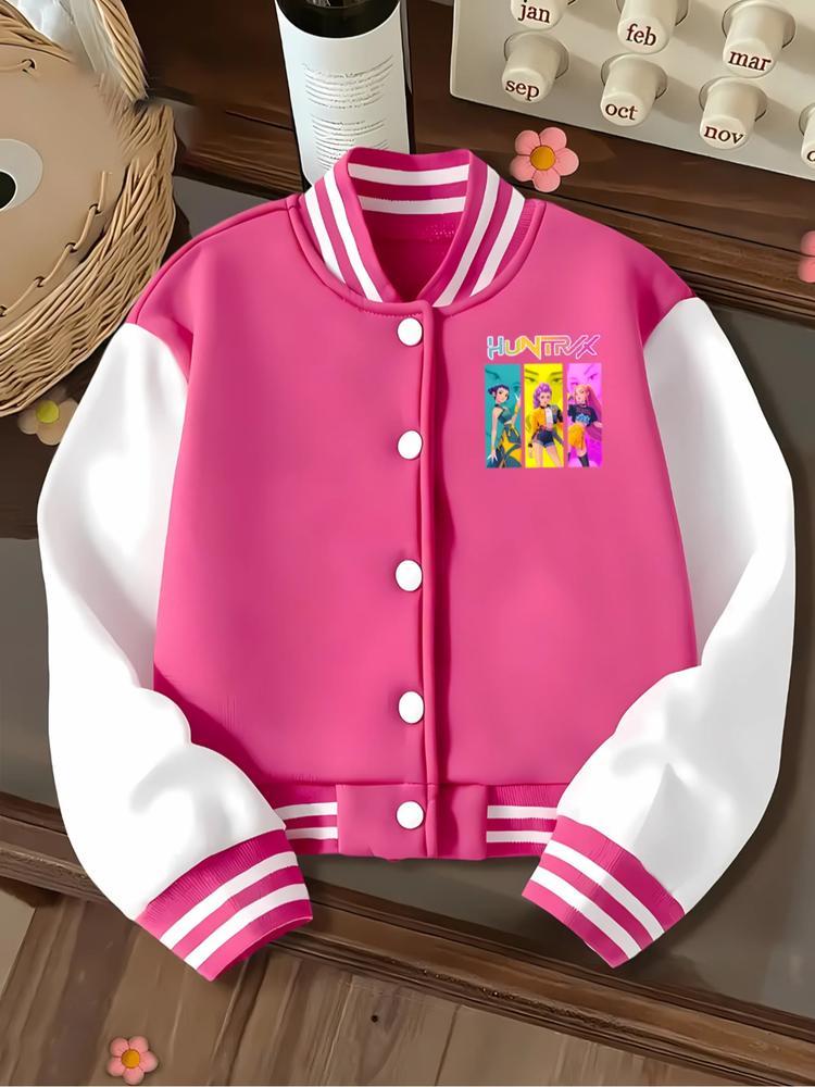 Halloween Christmas Anime Girl Short Baseball Letter Patched Jacket, Kpop Print Elastic Fabric, Casual Sports School Uniform for Girls, Fall Winter