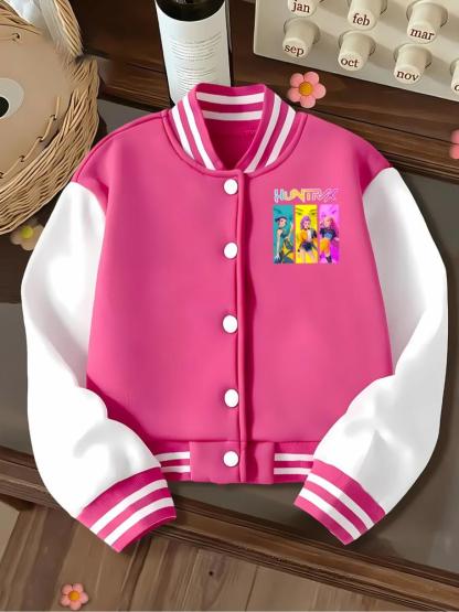 Halloween Christmas Anime Girl Short Baseball Letter Patched Jacket, Kpop Print Elastic Fabric, Casual Sports School Uniform for Girls, Fall Winter