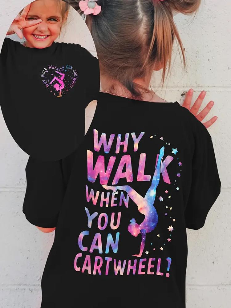 Girls Summer Fashion Creative Reversible Print Short Sleeve T-Shirt, Outdoor Casual Comfortable Wear, Fitted Style, Moderate Fabric Thickness, Graphic Shirt