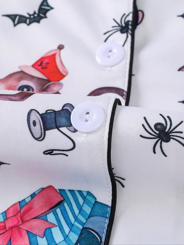 Women's Cartoon Print Pajama Set, Long Sleeve Shirt Collar Top & Elastic Pants, Casual Fall Winter Sleepwear, Comfortable Home Wear