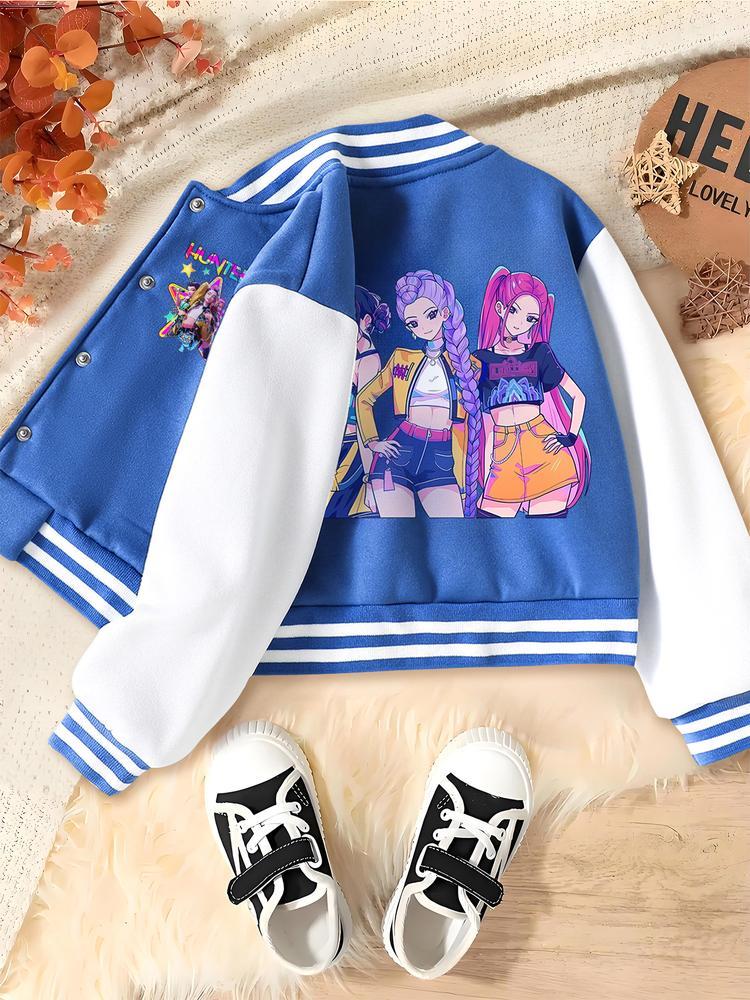 KPOP-Huntress Girl Group  Girls Short Baseball Jacket with Cartoon Design, Fitted Activewear for Kids, Elastic Fabric for Fall & Winter, Trendy School Uniform for Halloween