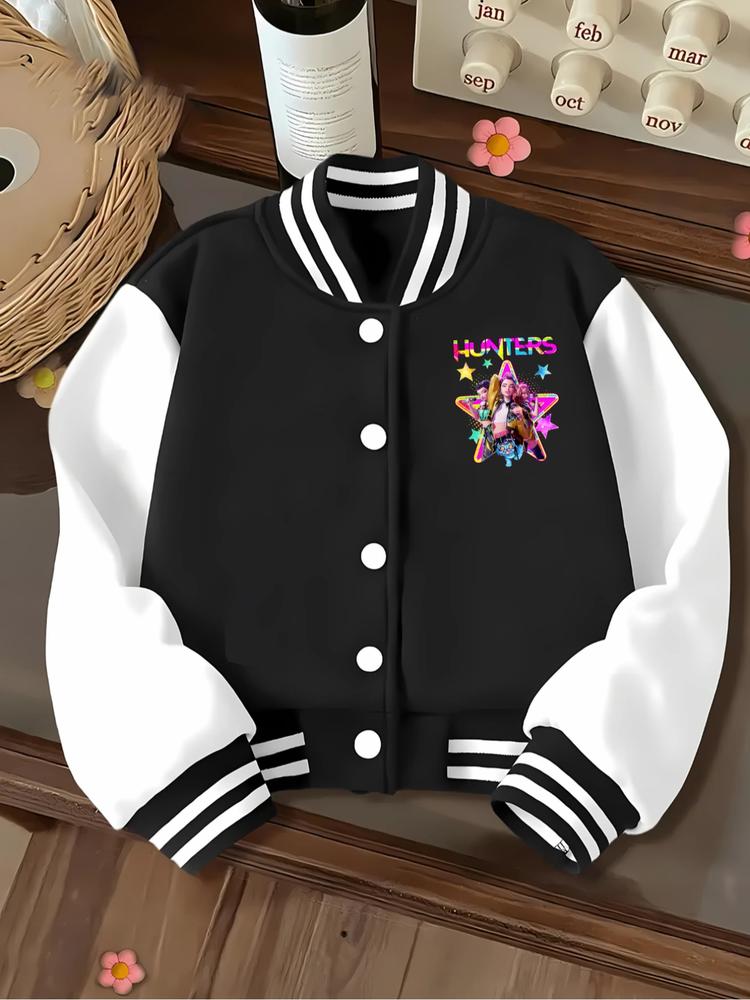 Girls Short Baseball Jacket Coat, Casual Sports School Uniform with Witch Design, Elastic Fabric, Youth Fashion Outerwear