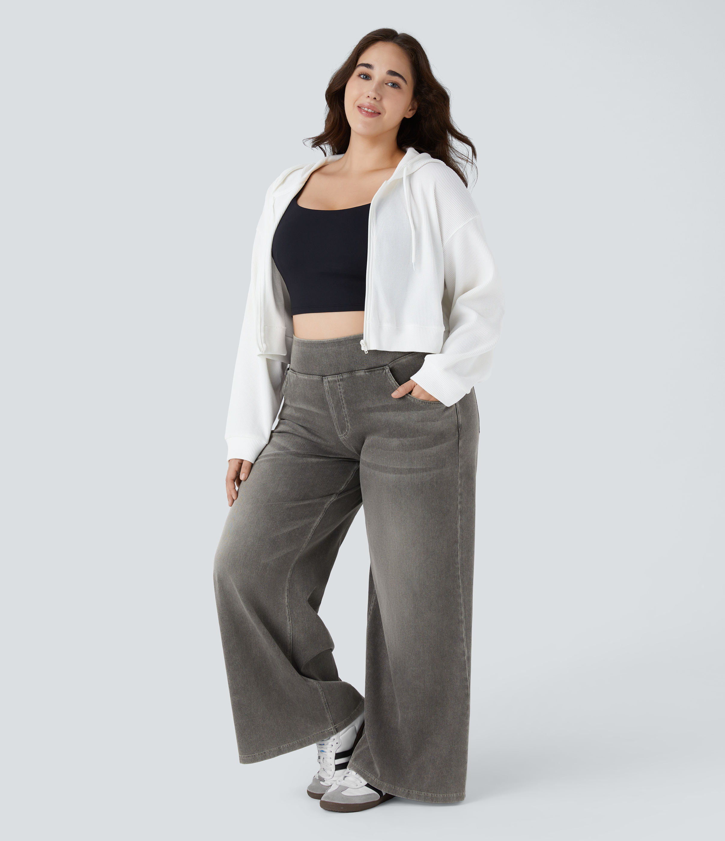 FlexHigh Waisted Pockets Baggy Wide Leg Washed Casual Plus Size Jeans