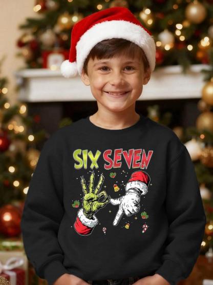 Boys' Spring & Fall Fashion Casual Creative Sweatshirt, Six Seven67 Christmas Series, Gesture Number 67 Print, Long Sleeve, Fitted