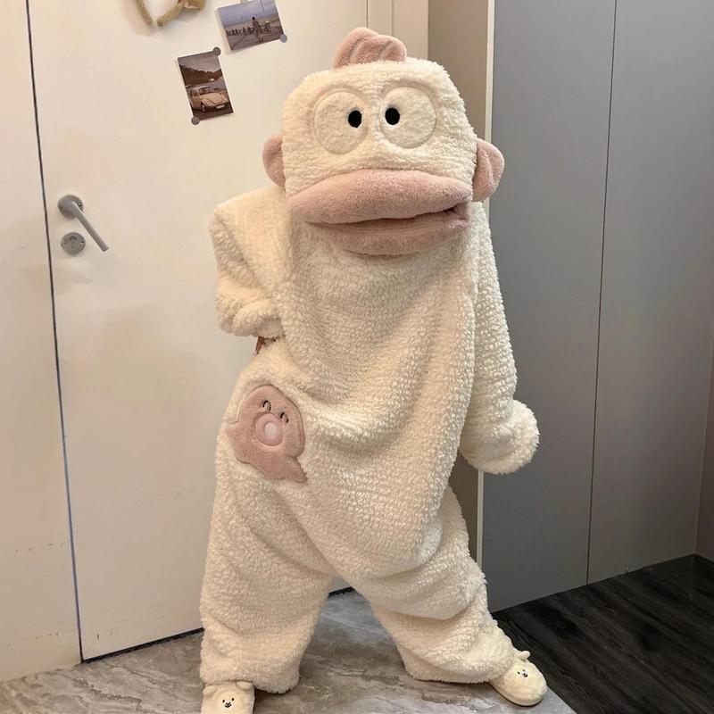 White Ugly Fish Pajamas One-Piece Coral Fleece Thickened Warm Cartoon Big Mouth Fish Homewear for Autumn and Winter