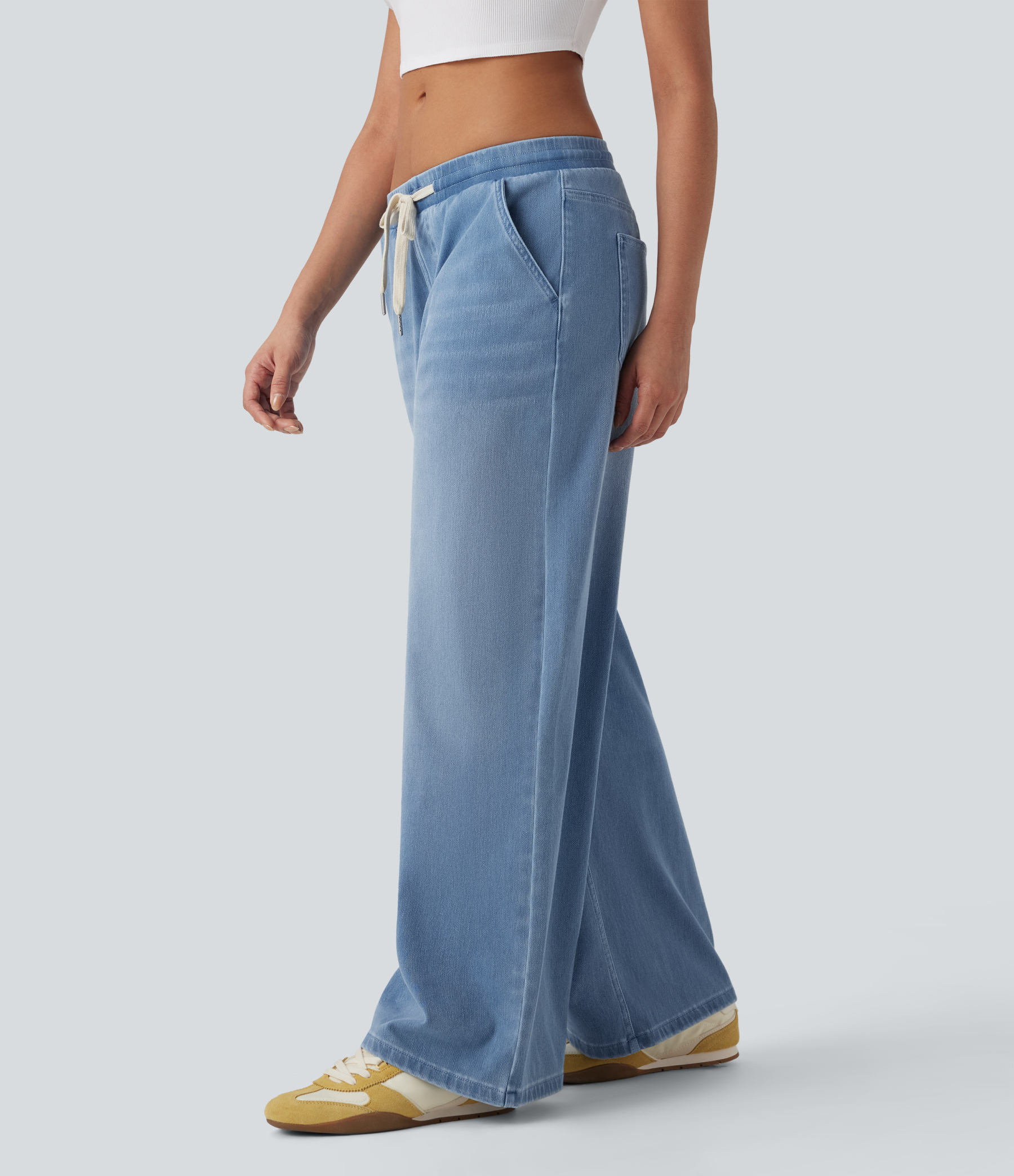 FlexLow Rise Drawstring Stretchy Knit Casual Baggy Sweatpants Jeans with Multiple Pockets