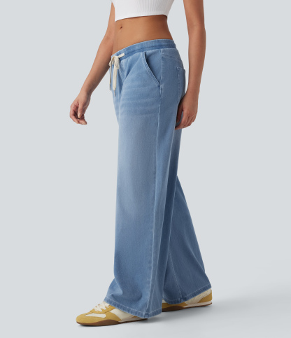 FlexLow Rise Drawstring Stretchy Knit Casual Baggy Sweatpants Jeans with Multiple Pockets