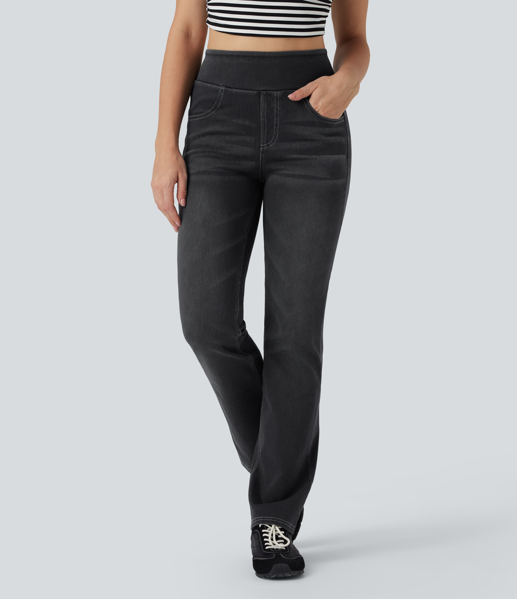 FlexHigh Waisted Washed Casual Bootcut Jeans with Pockets