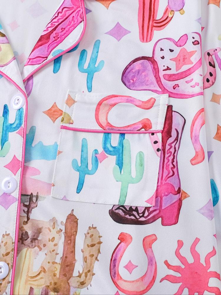 Women's Denim Pattern Pajama Set, Long Sleeve Shirt Collar Soft Top & Elastic Pants, Casual Home Wear for Fall Winter Holidays