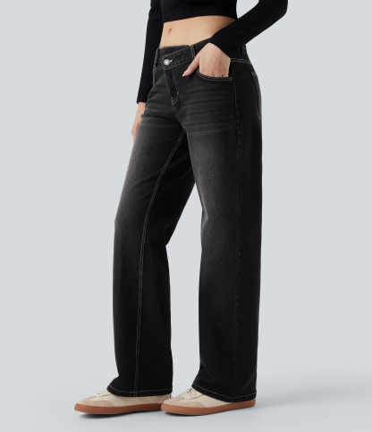 FlexAsymmetric Low Rise Straight Leg Casual Jeans with Pockets