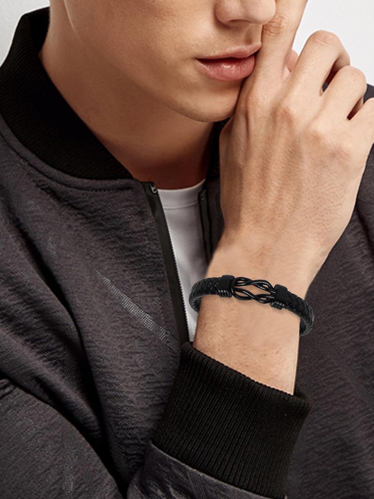 1PC Christmas Gift for Dad Son Boyfriend Husband Uncle Man, Stylish Black Men's Braided Bracelet with Magnetic Clasp, Perfect for Party and Holiday Gifts