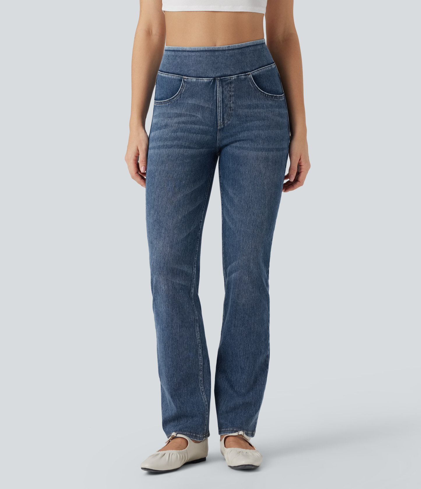 FlexHigh Waisted Washed Casual Bootcut Jeans with Pockets