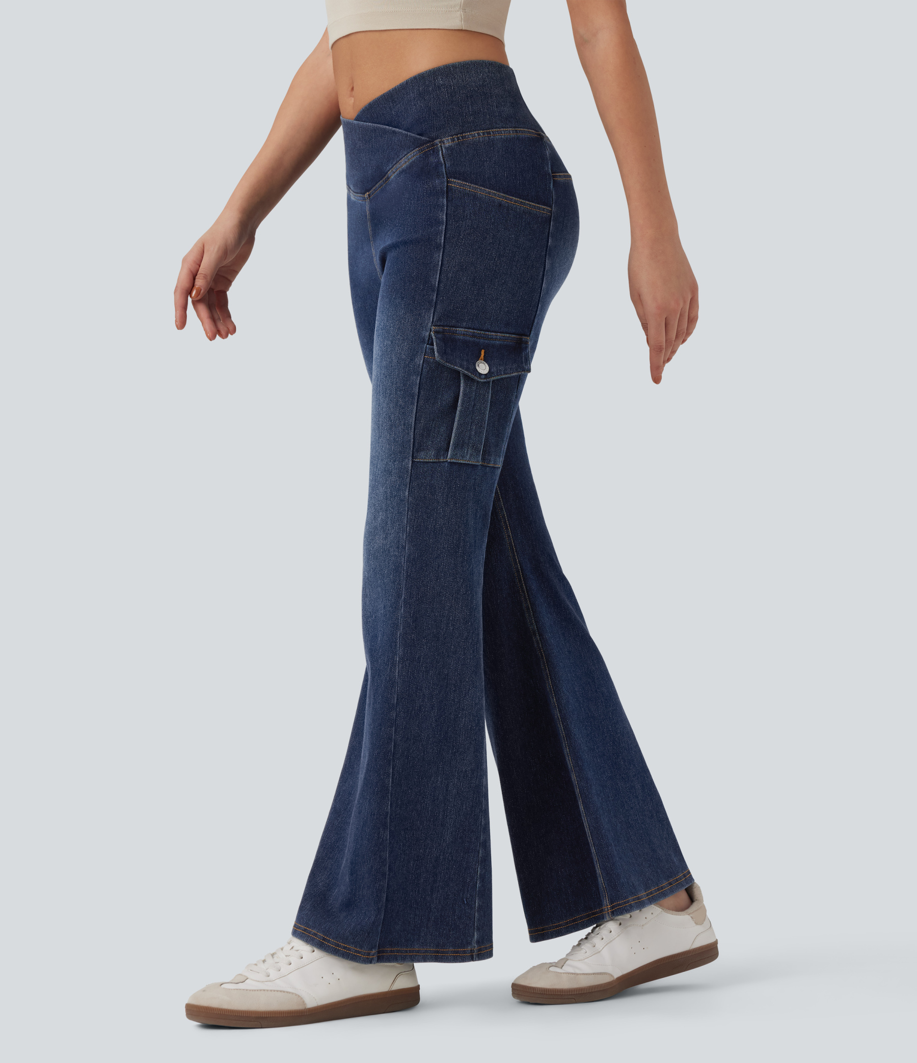 FlexMid Rise Crossover Denim Bootcut Casual Leggings with Pockets