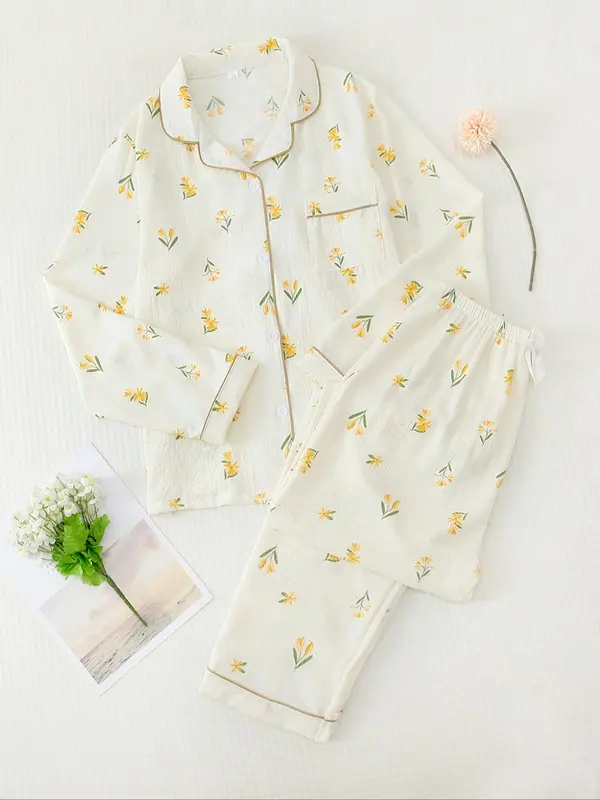 Women's Button Front Blouse & Bow Front Contrast Binding Pants Pyjama Set, Casual Long Sleeve Lapel Top & Trousers, Summer Outfits 2024, Sleepwear for Spring & Fall, National Day Offers