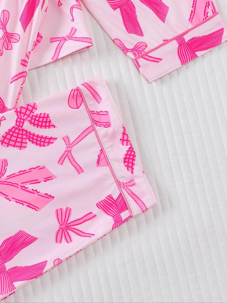 Women's 2-Piece Pajama Set, Bowknot Print, Holiday Party Sleepwear, Soft Shirt Collar Top & Elastic Pants, Casual Home Wear, Matching Pj Set