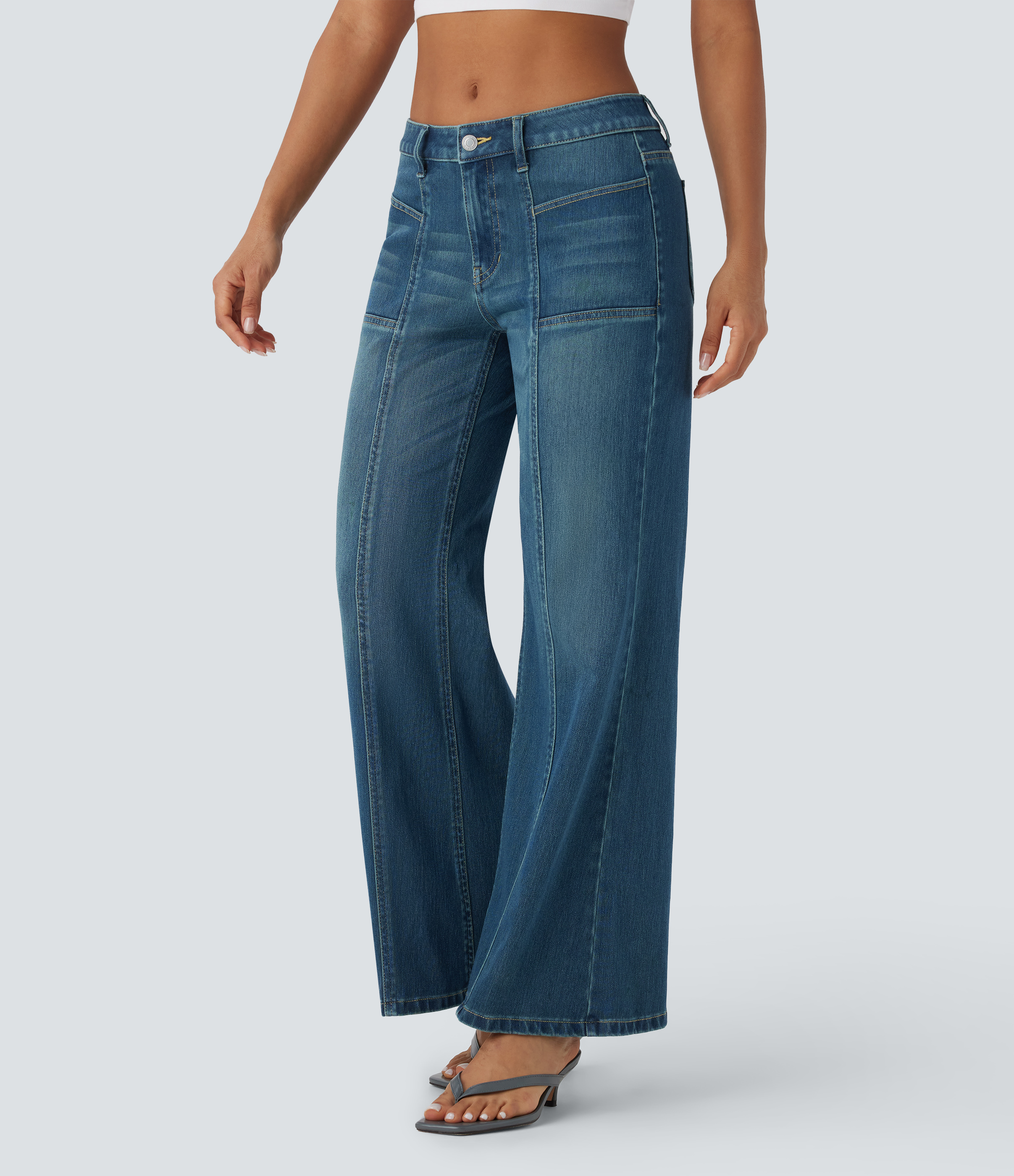 FlexLow Rise Zipper Pockets Baggy Wide Leg Flare Washed Casual Jeans