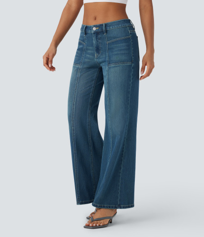 FlexLow Rise Zipper Pockets Baggy Wide Leg Flare Washed Casual Jeans