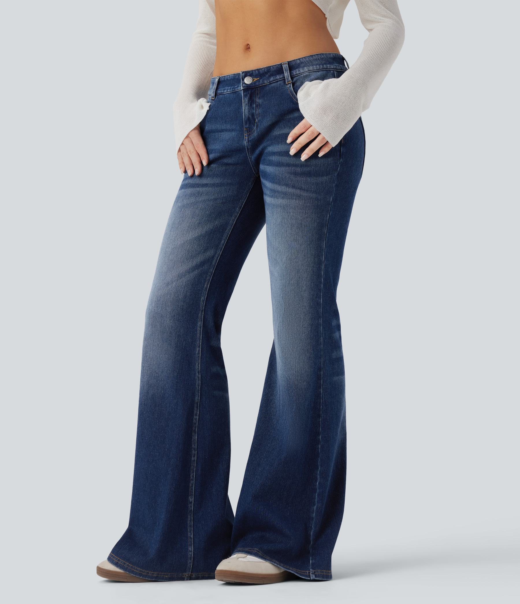 FlexLow Rise Flare Washed Casual Jeans with Pockets