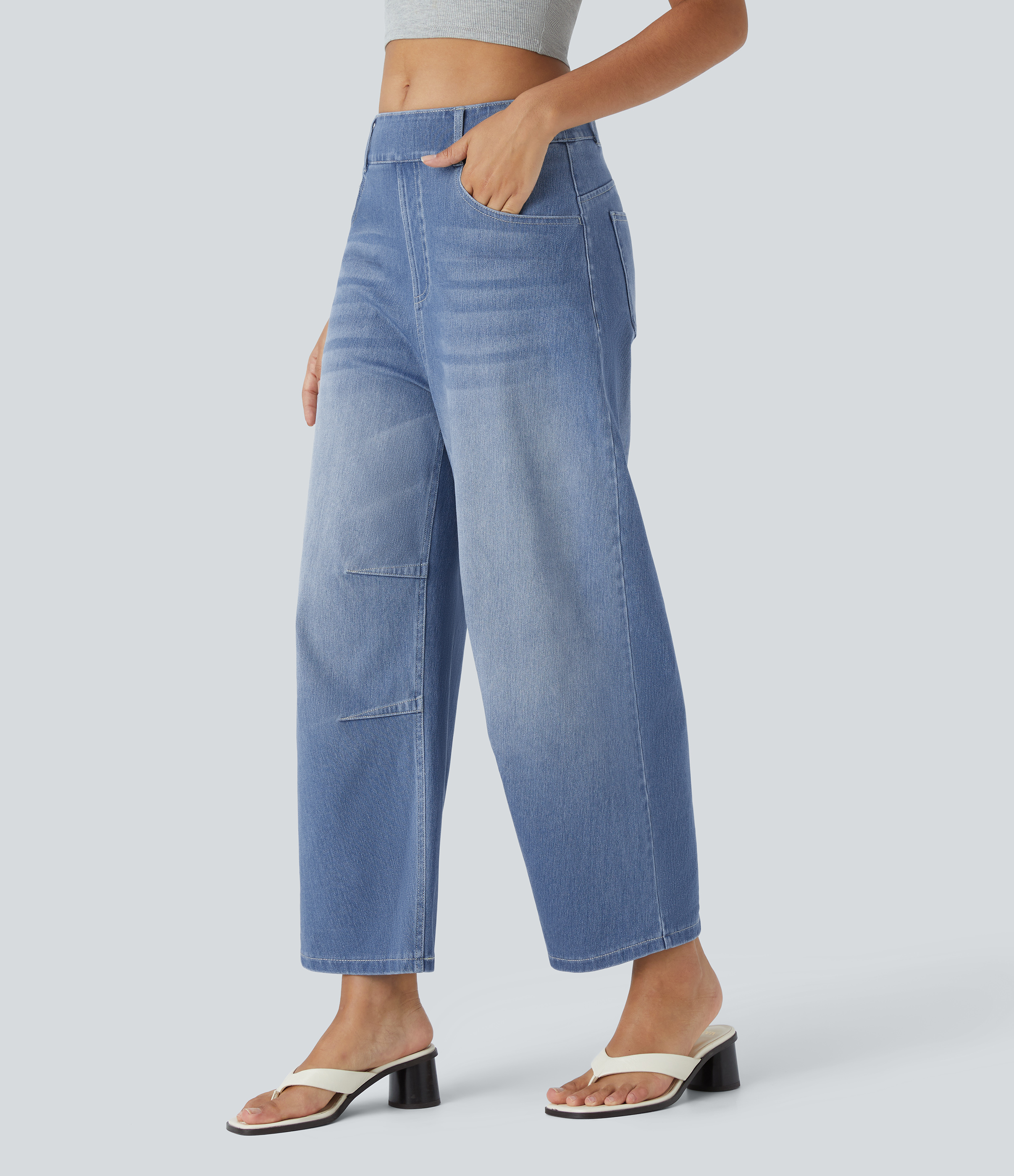 FlexMid Rise Pockets Barrel Leg Casual Jeans