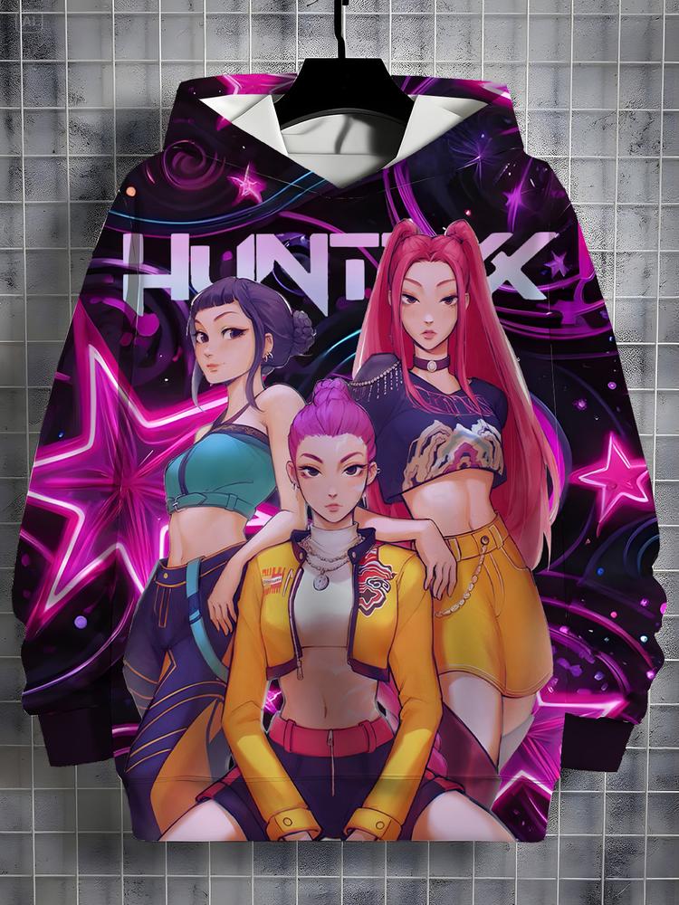 Girls Kpop Demon Hunters Hoodie, Graphic Casual Hoodie, Casual Fall Winter Sportswear, Fitted Random Print Design, Durable Outdoor Activities, Christmas Gift