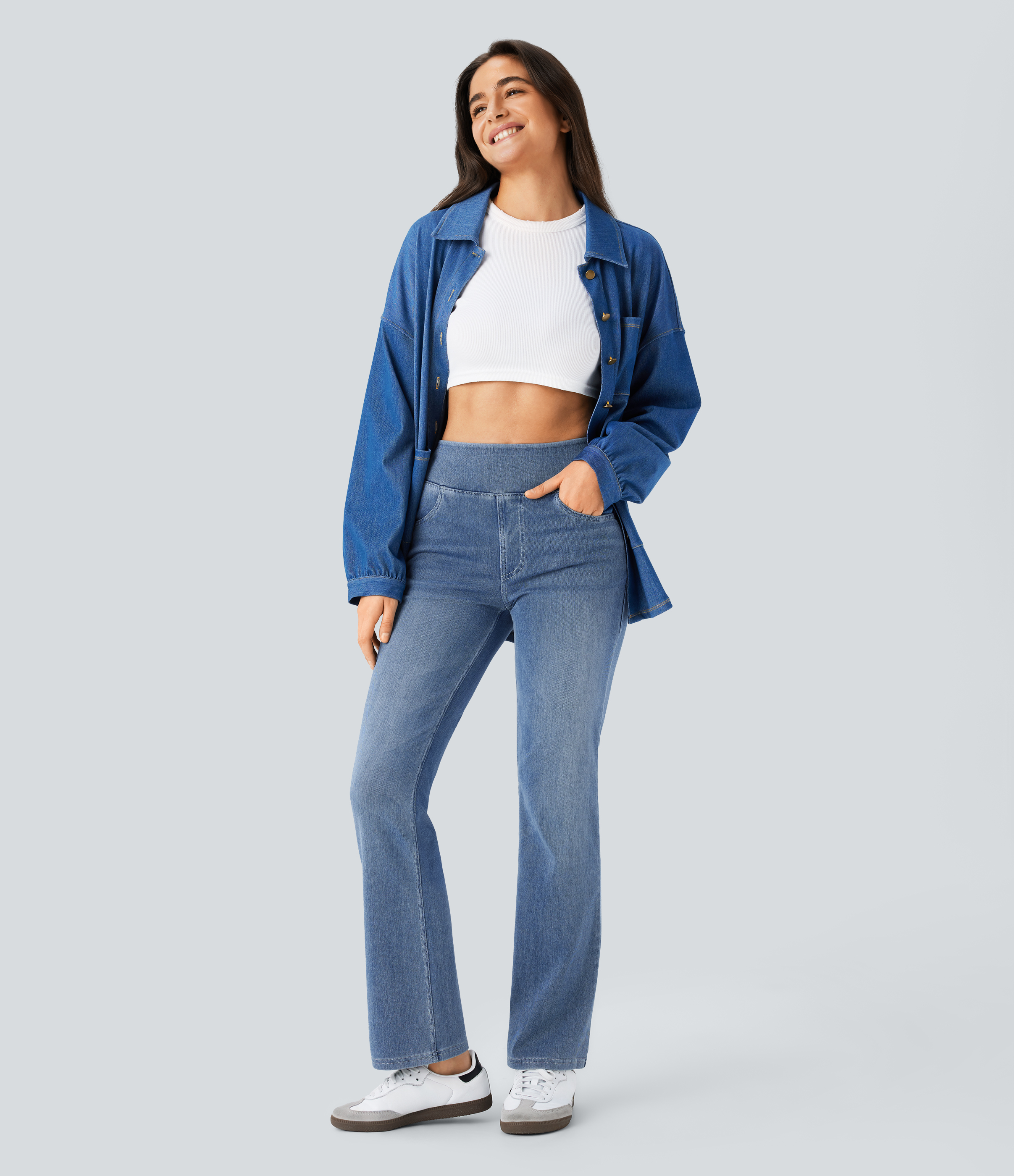 FlexHigh Waisted Pockets Washed Casual Bootcut Jeans