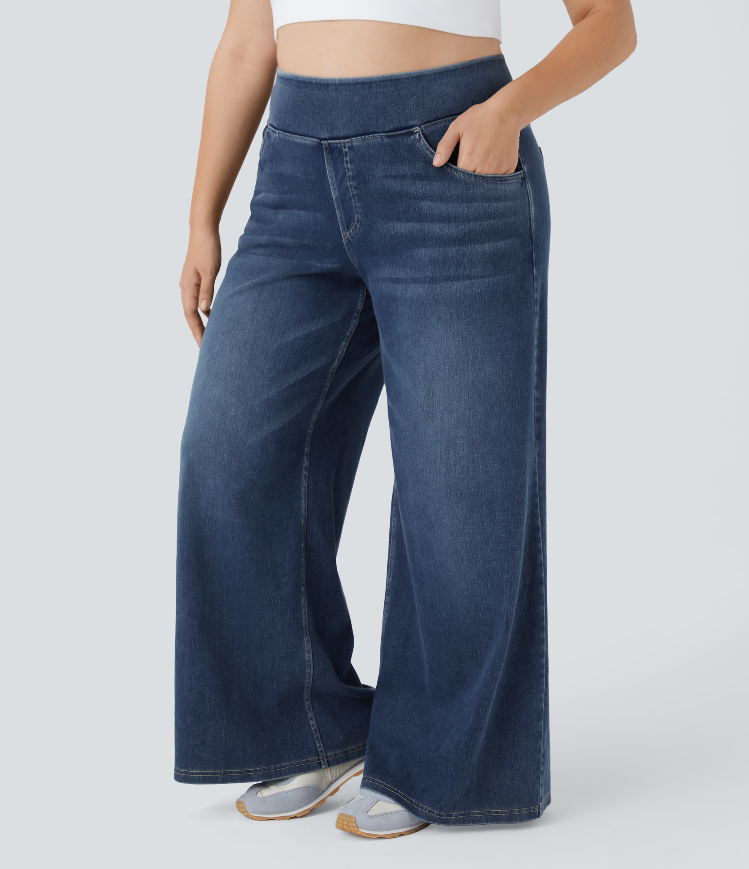 FlexHigh Waisted Pockets Baggy Wide Leg Washed Casual Plus Size Jeans