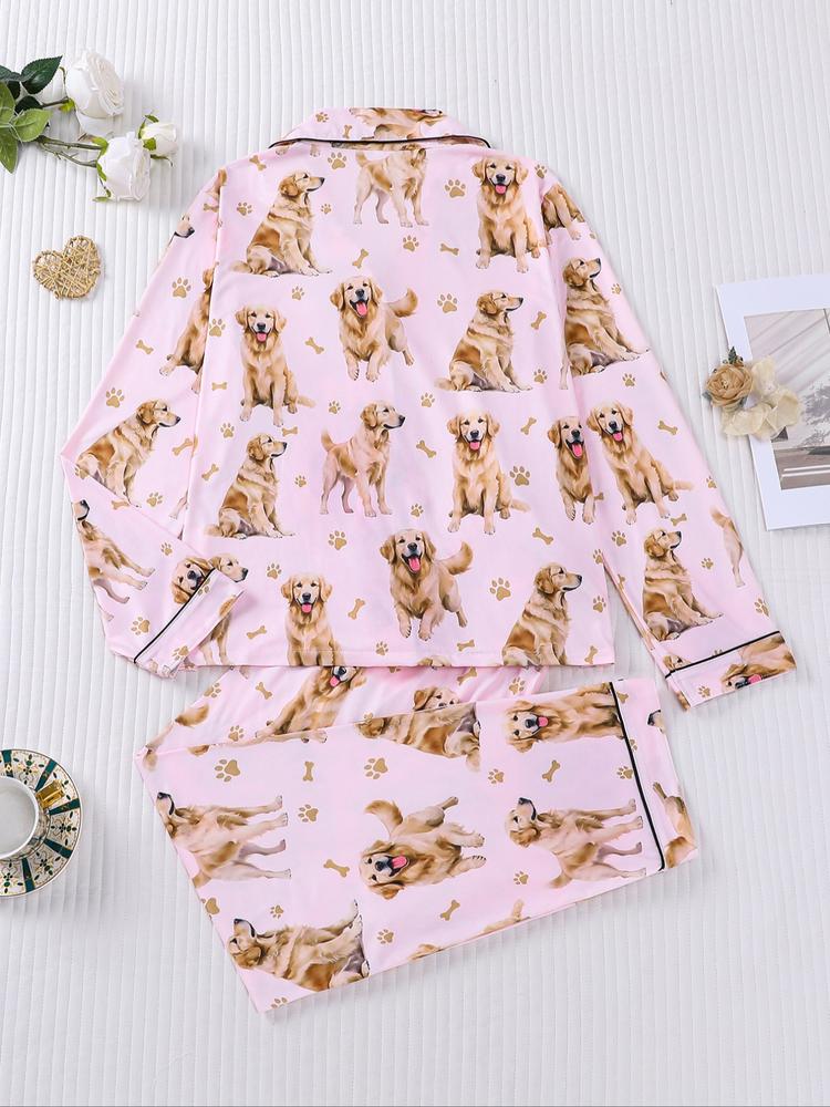 Women's Cute Dog Print Pajama Set, Long Sleeve Shirt Collar Top & Elastic Pants, Casual Fall Winter Sleepwear, Comfortable Home Wear