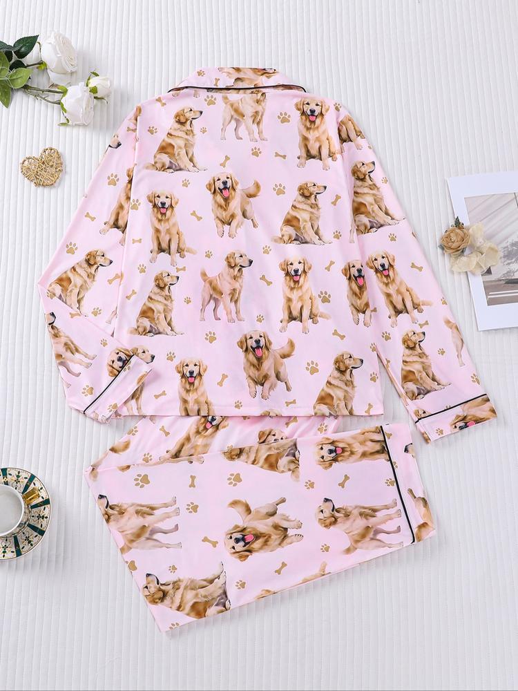 Women's Cute Dog Print Pajama Set, Long Sleeve Shirt Collar Top & Elastic Pants, Casual Fall Winter Sleepwear, Comfortable Home Wear