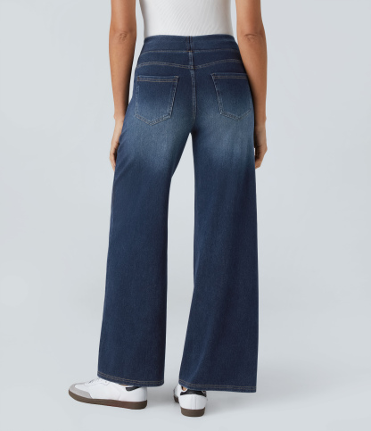 FlexHigh Waisted Pockets Baggy Wide Leg Washed Casual Jeans