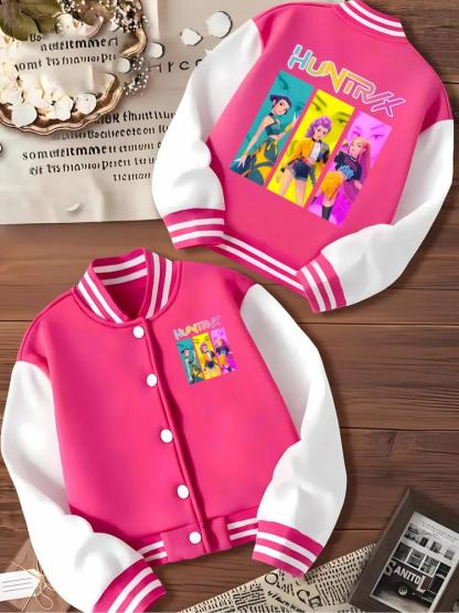 Halloween Christmas Anime Girl Short Baseball Letter Patched Jacket, Kpop Print Elastic Fabric, Casual Sports School Uniform for Girls, Fall Winter