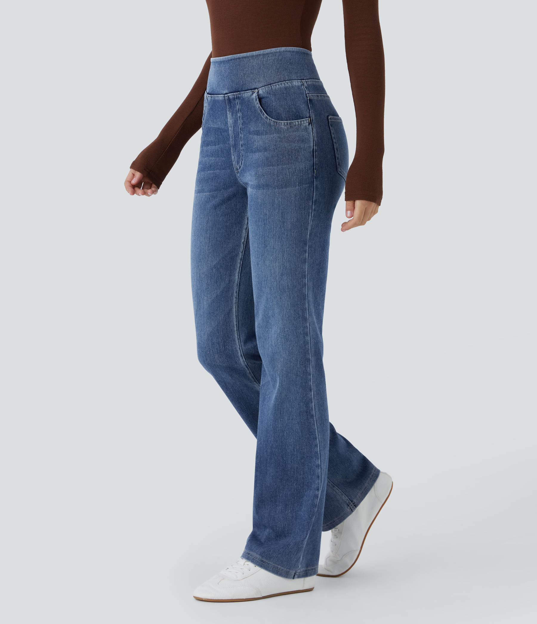 FlexHigh Waisted Pockets Washed Casual Bootcut Jeans