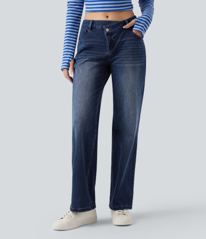 FlexAsymmetric Low Rise Straight Leg Casual Jeans with Pockets